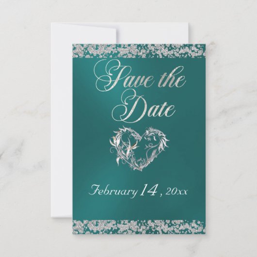 Romantisch Hart & Glitter op Blauwgroen Save The Date (Voorkant)
