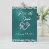 Romantisch Hart & Glitter op Blauwgroen Save The Date (Staand voorkant)