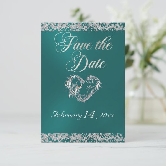 Romantisch Hart & Glitter op Blauwgroen Save The Date (Staand voorkant)