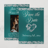 Romantisch Hart & Glitter op Blauwgroen Save The Date (Voorkant / Achterkant)