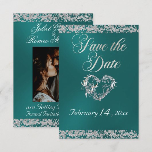 Romantisch Hart & Glitter op Blauwgroen Save The Date (Voorkant / Achterkant)