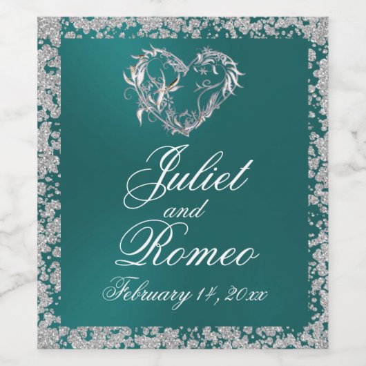 Romantisch Hart & Glitter op Blauwgroen Wijn Etiket (Enkel label)