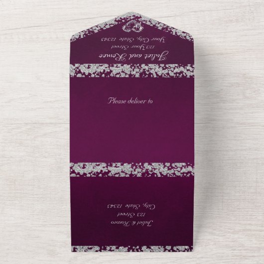 Romantisch Hart & glitter op Plum All In One Uitnodiging (Buitenkant)