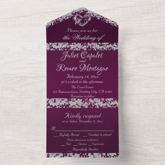 Romantisch Hart & glitter op Plum All In One Uitnodiging (Binnen)