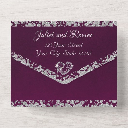 Romantisch Hart & glitter op Plum All In One Uitnodiging (Achterkant)