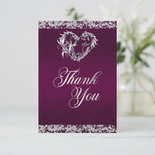Romantisch Hart & glitter op Plum Bedankkaart (Staand voorkant)