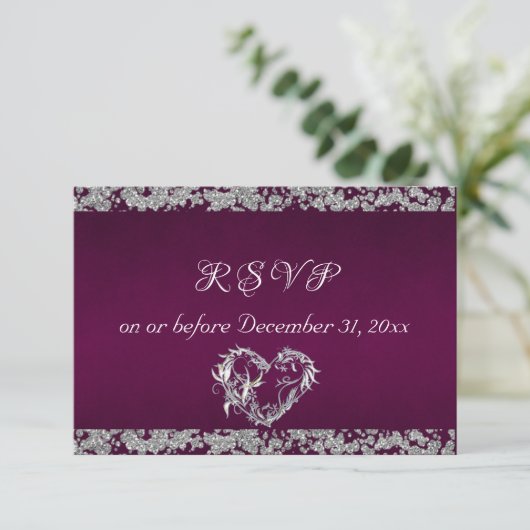 Romantisch Hart & glitter op Plum RSVP Kaartje (Staand voorkant)
