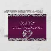 Romantisch Hart & glitter op Plum RSVP Kaartje (Voorkant / Achterkant)