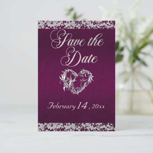Romantisch Hart & Glitter op Plum Save The Date (Staand voorkant)