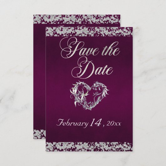 Romantisch Hart & Glitter op Plum Save The Date (Voorkant / Achterkant)