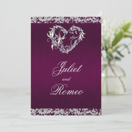 Romantisch Hart & Glitter op Plum Wedding Kaart (Staand voorkant)