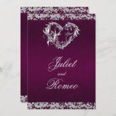 Romantisch Hart & Glitter op Plum Wedding Kaart (Voorkant / Achterkant)