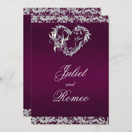 Romantisch Hart & Glitter op Plum Wedding Kaart (Voorkant / Achterkant)