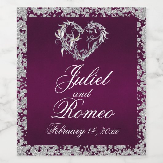 Romantisch Hart & glitter op Plum Wijn Etiket (Enkel label)