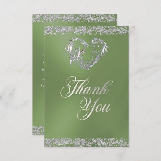 Romantisch Hart & Glitter op Sage Bedankkaart (Voorkant / Achterkant)