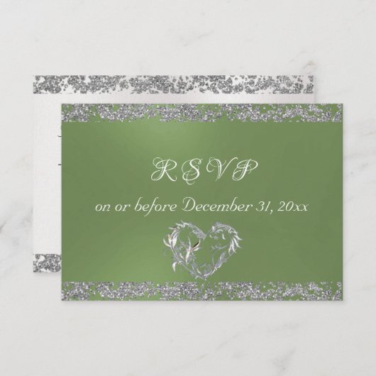 Romantisch Hart & Glitter op Sage RSVP Kaartje (Voorkant / Achterkant)