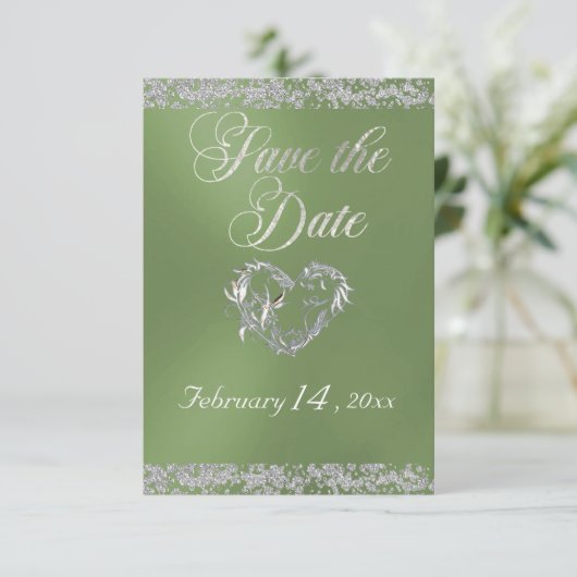 Romantisch Hart & Glitter op Sage Save The Date (Staand voorkant)