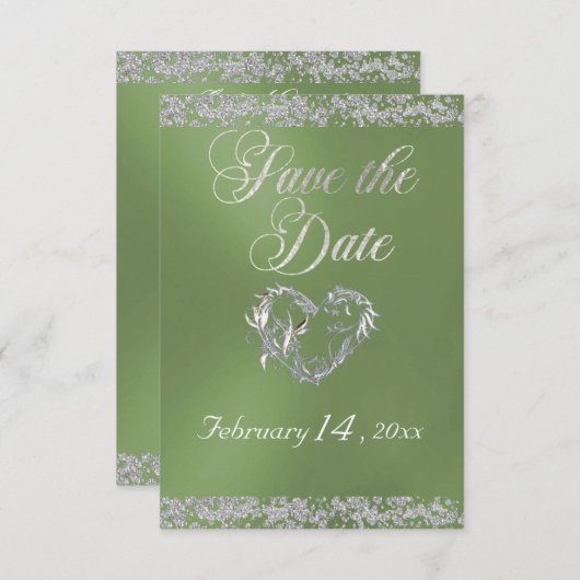 Romantisch Hart & Glitter op Sage Save The Date (Voorkant / Achterkant)