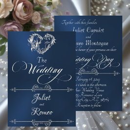 Romantisch hart & kalligrafie op blauw - Trouwen Kaart