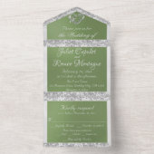 Romantisch hart, lint en glitter op Sage Green All In One Uitnodiging (Binnen)