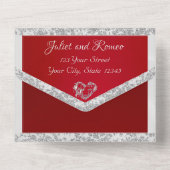 Romantisch hart, lint en glitters op karmozijnrood all in one uitnodiging (Achterkant)