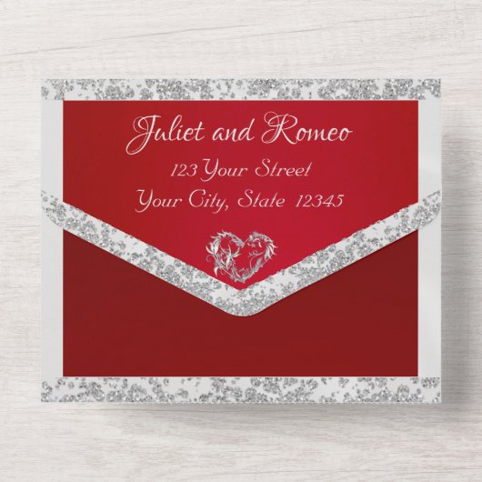 Romantisch hart, lint en glitters op karmozijnrood all in one uitnodiging (Achterkant)