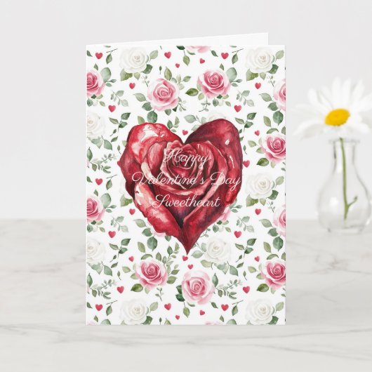Romantisch Hart Rode Roos Bloemige Valentijnsdag Kaart (Kleine Plant)