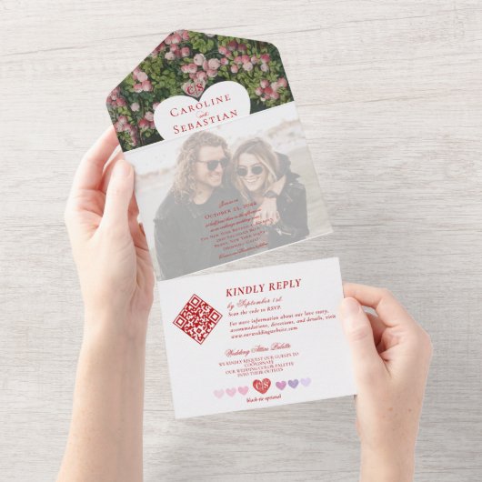 Romantisch hart Roos tuin foto overlay bruiloft All In One Uitnodiging (Afscheurbaar)