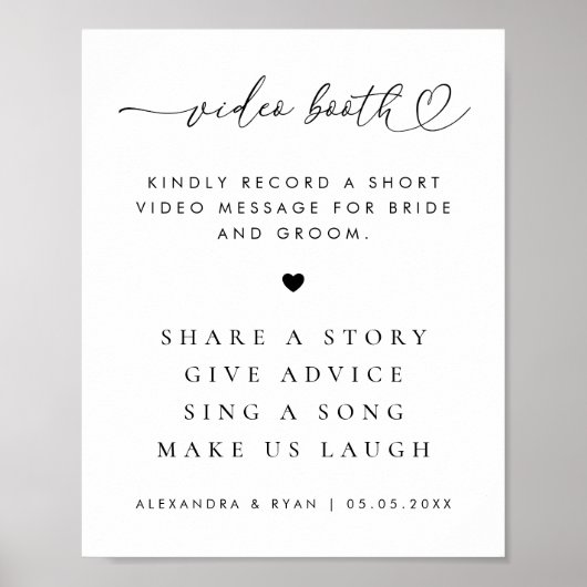 Romantisch Hart Script Bruiloft Video Booth Sign Poster (Voorkant)