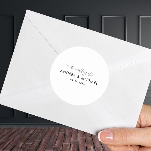 Romantisch hart script de bruiloft van minimalist ronde sticker