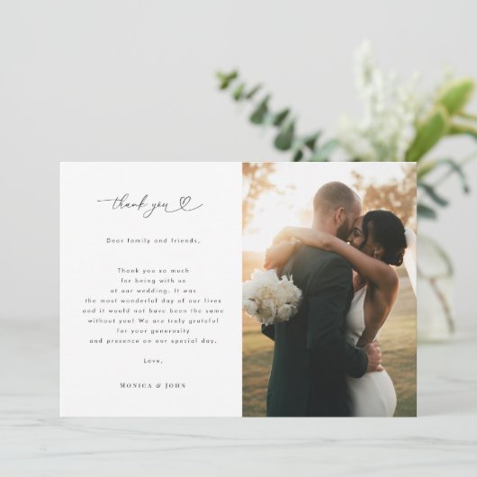 Romantisch hart script minimalistisch 2 foto bruil bedankkaart (Staand voorkant)