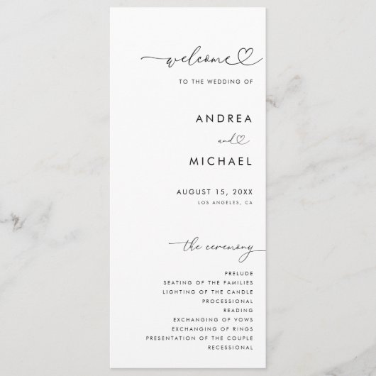 Romantisch hart script minimalistische moderne bru programmakaart (Voorkant)