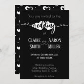 Romantisch hart wit op zwarte trouwuitnodiging kaart (Voorkant / Achterkant)