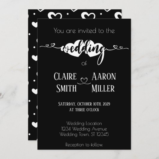 Romantisch hart wit op zwarte trouwuitnodiging kaart (Voorkant / Achterkant)