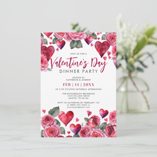 Romantisch Harten & Rozen Valentijnsdag Diner Kaart (Staand voorkant)