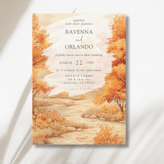 Romantisch herfst bos pad bladeren vallen bruiloft kaart