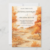 Romantisch herfst bos pad bladeren vallen bruiloft save the date (Voorkant)