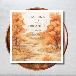 Romantisch herfst bos pad bladeren vallen bruiloft servet