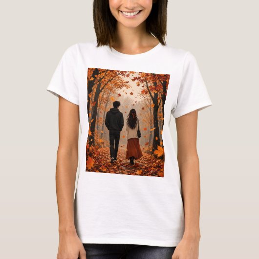 Romantisch herfst koppel T-shirt | Knus herfstblad (Voorkant)