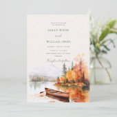 Romantisch herfst meer en boot bruiloft kaart (Staand voorkant)