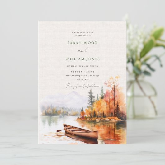 Romantisch herfst meer en boot bruiloft kaart (Staand voorkant)