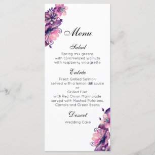 Romantisch huwelijksmenu roze. Paarse dinerkaart Menu