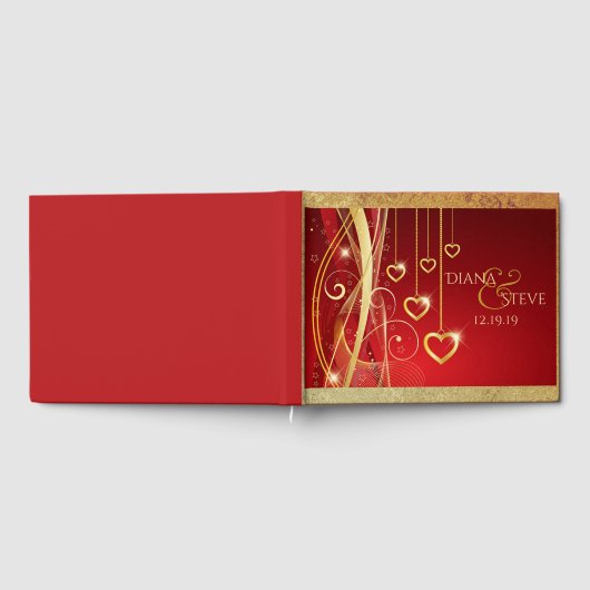 Romantisch huwelijksmonogram | Red Gold Hearts Gastenboek (Volledig)
