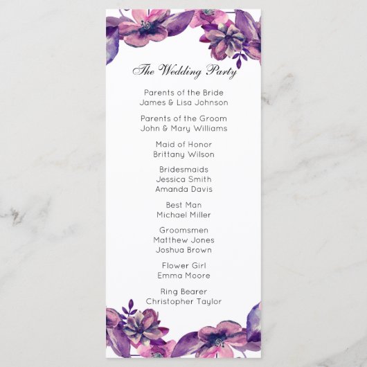 Romantisch huwelijksprogramma. Paarse bloemencerem Programmakaart (Achterkant)