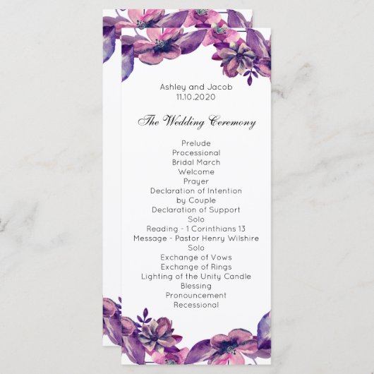 Romantisch huwelijksprogramma. Paarse bloemencerem Programmakaart (Voorkant / Achterkant)