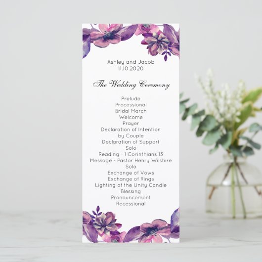 Romantisch huwelijksprogramma. Paarse bloemencerem Programmakaart (Staand voorkant)