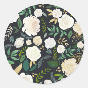 Romantisch Ivoor Bloemen en Groene Patronen Zwart Ronde Sticker