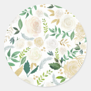 Romantisch Ivoren Bloemen en Groene Patronen Wit Ronde Sticker