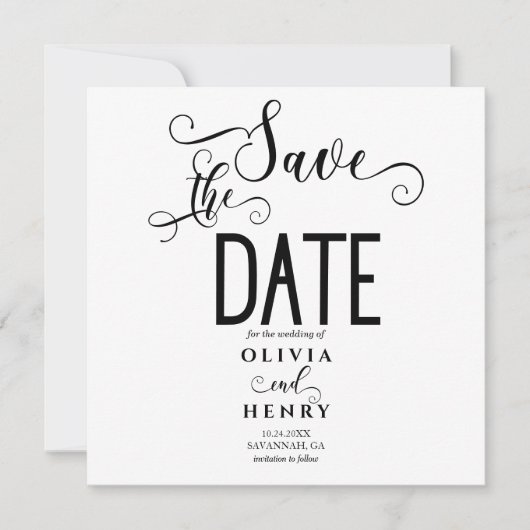 Romantisch kalligrafie schrift zwart-wit save the date (Voorkant)
