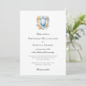 Romantisch Klassiek Blauw Crest Monogram Bruiloft Kaart (Staand voorkant)